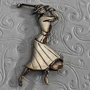 Woman Golfing in Skirt Golf H and H Sterling Silver Brooch Pendant Made in USA